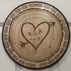 Initials Carved in a Tree Romantic Cribbage Board | 3-Track, 120-Point Round Game with Pegs & Cards